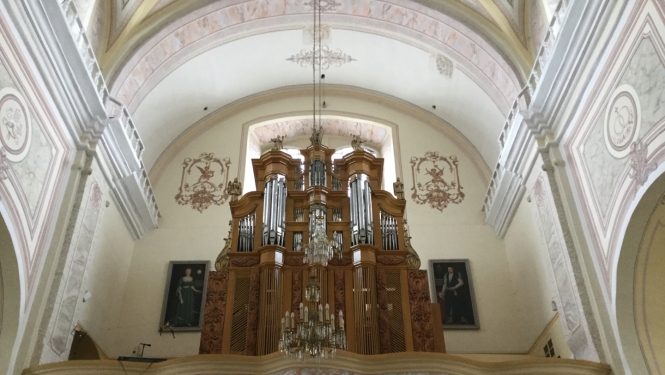 Ērģeļu prospekts saktā no apakšas uz augšu. Fonā gaišs, majestātisks baznīcas interjers.