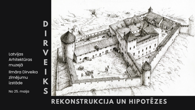 Uz melna fona izvietots zīmējums. Tas ir melnbalts un attēlo viduslaiku pili. Uz melnā fona pelēkiem burtiem rakstīts izstādes nosaukums un vieta. Informācija par to aprakstīta notikumā.
