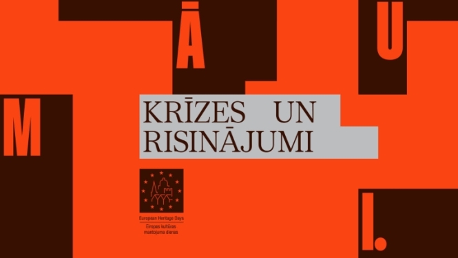 Koši sarkans plakāts ar melniem un pelēkiem laukumiem, uz kuriem izkārtoti burti, kas vēstī 2026 Kultūras mantojums 11.-13.09. krīzes un risinājumi