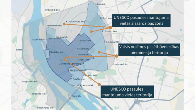 Karte ar fokusu uz Rīgas vēsturisko centru. Kartē iezīmētas trīs teritorijas - centrā atrodas UNESCO pasaules mantojuma vietas teritorija, kam seko valsts nozīmes pilsētbūvniecības pieminekļa teritorija un visu aptver UNESCO pasaules mantojuma vietas aizsardzības zona. Bultiņas ļauj saprast, ka valsts nozīmes piemineklis daļēji pārklājas ar visu UNESCO teritoriju, bet ir lielāks par to. Savukārt UNESCO teritorijas aizsardzības zona daļēji pārklājas ar valsts nozīmes pieminekļa teritoriju.