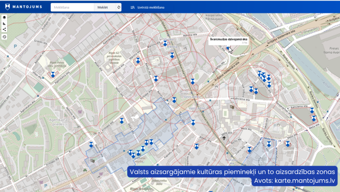 Kartes fragments, kurā redzams Āgenskalns. Kartē iezīmēti valsts aizsargājamie kultūras pieminekļi ar zilā vairoga zīmi un tiem apkārt ar sarkanām, raustītām līnijām iezīmētas pieminekļu aizsardzības zonas. Uz attēla arī ir komentārs, ka karte nāk informācijas sistēmas "Mantojums"