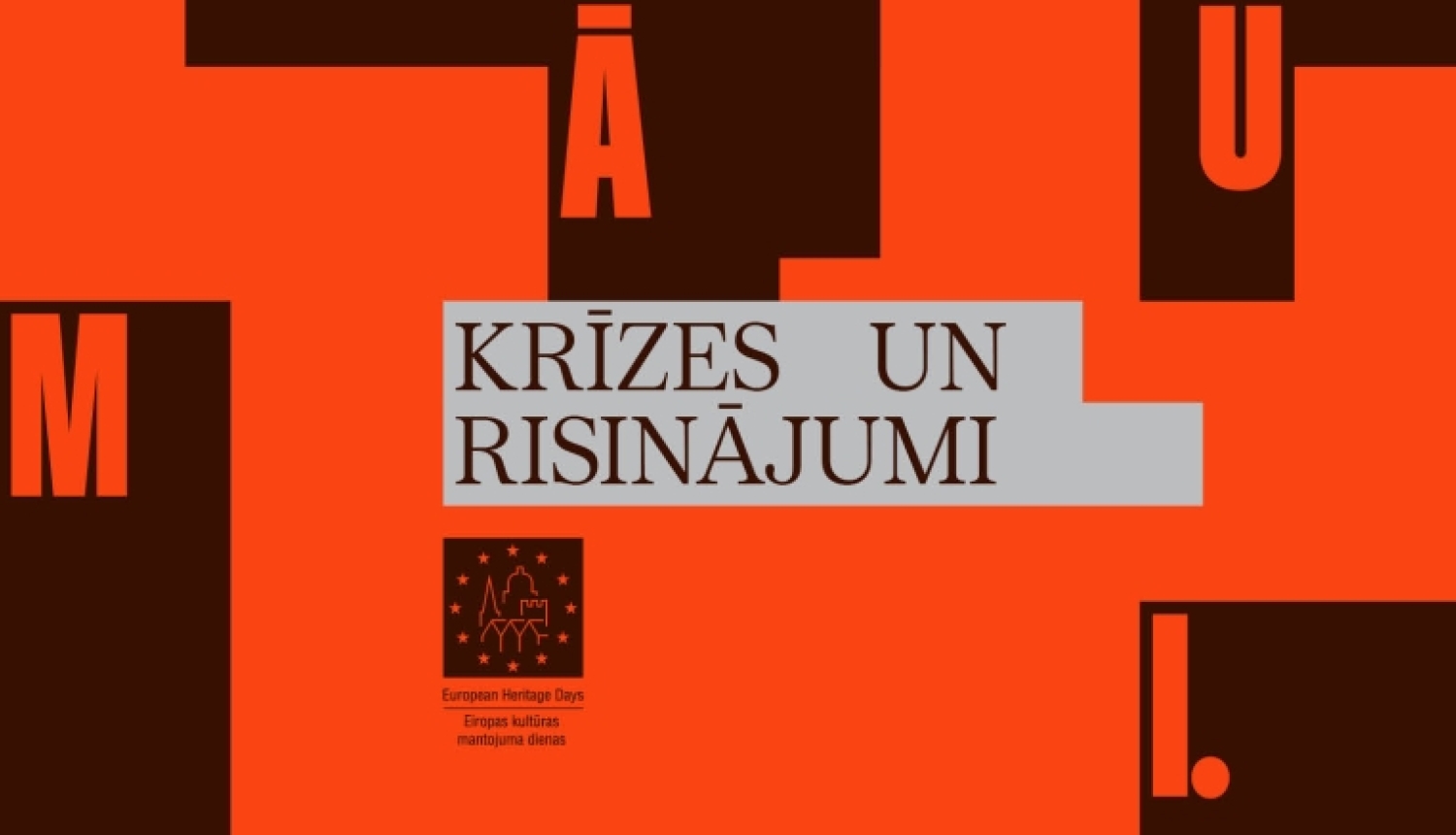 Koši sarkans plakāts ar melniem un pelēkiem laukumiem, uz kuriem izkārtoti burti, kas vēstī 2026 Kultūras mantojums 11.-13.09. krīzes un risinājumi
