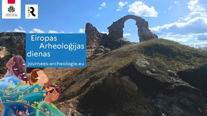 Vizuāls materiāls Eiropas arheoloģijas dienu pasākumam. Fonā redzamas Rēzeknes pilsdrupas, bet priekšplānā logo.