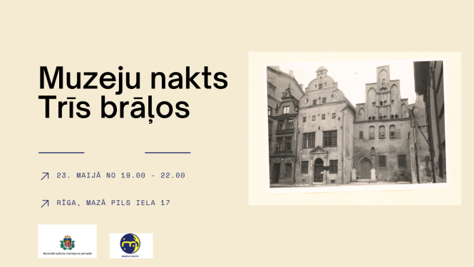 Uz dzeltenīgi brūna fona redzams attēls ar ēku ansambli "Trīs brāļi" pirms daudziem gadiem, tas ir melnbalts. Blakus ir teksts, kas vēstī par Muzeju nakti ēku ansamblī. Informācija attēlā dublējas notikuma saturā.