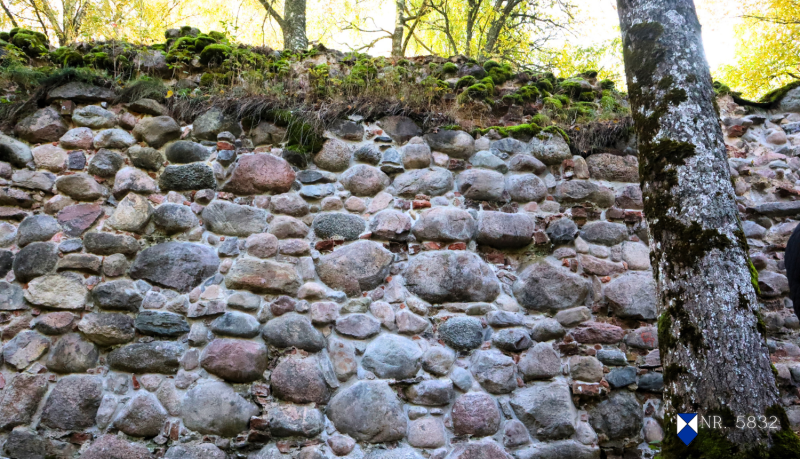 Attēlā redzams fragmentāri saglabājies viduslaiku pils mūra sienas skats tuvplānā. Mūris veidots no dažāda izmēra, neregulāras formas laukakmeņiem, kas savienoti ar javu. Akmeņi ir dažādās pelēkās, brūnās un sūnaini zaļganās nokrāsās, liecinot par laika un dabas ietekmi. Mūra augšdaļā un starp akmeņiem vietām aug sīki augi un sūnas. Mūra labajā pusē, nedaudz augstāk par vidu, ir piestiprināta taisnstūra formas plāksnīte ar uzrakstu melnā krāsā: 'NR. 5832'. 