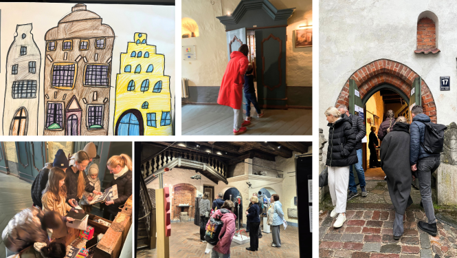 Piecu attēlu kolāža, kurā redzami cilvēki, kas pēta ēku kompleksu "Trīs brāļi". Cilvēki ir dažādos vecumos, redzami arī bērni. Vienā no fotogrāfijām redzams bērna zīmējums ar vēsturiskajām "Trīs brāļu" ēkām. 