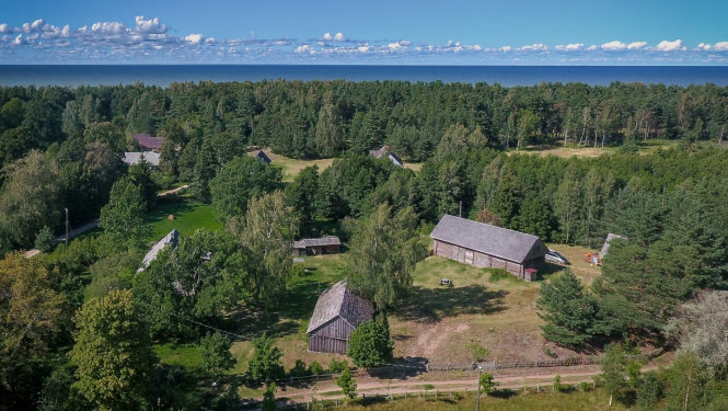 Attēlā redzams pilsētbūvniecības piemineklis - Košraga zvejniekciems. Pilsētbūvniecības piemineklis iekļauj plašāku cilvēka veidotu vidi, kā vecpilsētu vai ciemu. Attēlā redzams ar dronu no gaisa fotografētais Košraga ciems lībiešu krastā. Foto augšpusē pirmo ceturtdaļu aizņem tumši zilas vasaras debesis ar rotaļīgu baltu mākonīšu rindu virs horizonta, kam seko tumši zaļais priežu mežs. Priekšplānā var izšķirt kādu no ciema vēsturiskajām ēkām, starp kokiem šur tur manāmi zemi divslīpju jumti.