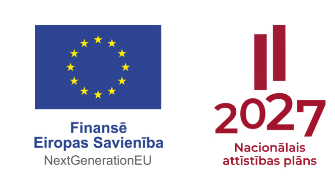 Divi logo - pa kreisi Eiropas Savienības karogs ar parakstu "Finansē Eiropas Savienība" un pa labi sarkans logo, kurā nolasās Latvijas karoga krāsa, kas vēstī Nacionālais attīstības plāns 2027