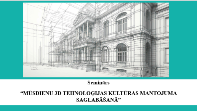 Attēla augšdaļā, uz tirkīzzila fona, ir ievietots detalizēts arhitektonisks zīmējums, kas attēlo monumentālu ēku ar kolonām, lieliem logiem un sarežģītu fasādi. Zīmējums ir izpildīts gaišās līnijās, radot telpisku iespaidu. Zem zīmējuma, uz gaiši pelēka fona, melnā krāsā ir rakstīts: vispirms vārds "Seminārs" un zem tā, centrēti, semināra nosaukums lieliem burtiem: "MŪSDIENU 3D TEHNOLOĢIJAS KULTŪRAS MANTOJUMA SAGLABĀŠANĀ".