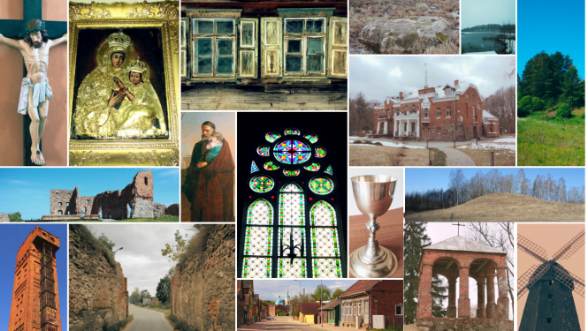 Attēlu veido fotoattēlu kolāža, kurā redzami dažādi kultūras pieminekļi Latgalē. Attēlā redzamas dažādas krāsas un faktūras, paši objekti ir nelieli, jo fotoattēlu ir daudz. Redzama gan daba, gan māksla, gan ēkas tuvumā un tālumā.