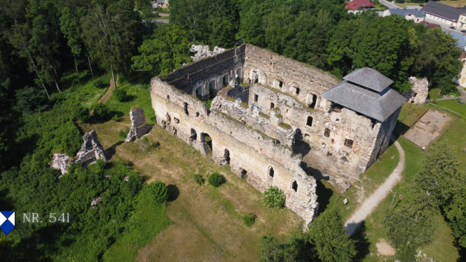 Aerofoto uzņēmums ar viduslaiku pilsdrupām. Attēlā redzami masīvi, taisnstūrveida akmens mūri bez jumta, kuros saskatāmas logu ailes un iekšējo telpu struktūra. Viens no pils stūra torņiem ir segts ar četrslīpju koka dēlīšu jumtu. Drupas ieskauj kopti zālieni, lapu koki un gājēju taka. Attēla apakšējā kreisajā stūrī redzams zili balts vairoga logotips un teksts "NR. 541".