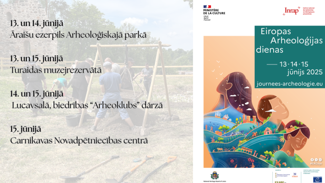 Attēlā redzama afiša, kas reklamē Eiropas Arheoloģijas dienas. Kreisajā pusē noradītas notikumu vietas un laiki, labajā pusē ir oficiālā, starptautiskā pasākuma afiša, kurā simboliski attēloti 3 cilvēki, kuru tēlos ietverti dažādi arheoloģiskie elementi. Visam fonā caurspīdīgā formā vietots attēls no arheoloģiskajiem izrakumiem.