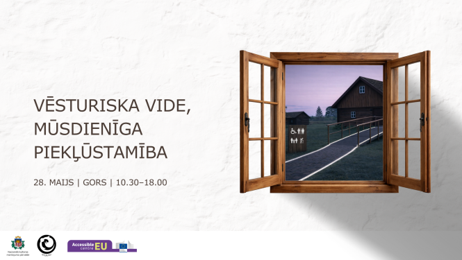 Reklāmas vizuālais materiāls. Uz gaiša fona ir 3 veidu informācija - apakšā logo rinda, kreisajā pusē semināra nosaukums un laiks - lasāmi pamattekstā - bet labajā pusē atvērts logs, pa kuru redzama piekļūstama vēsturiska ēka.