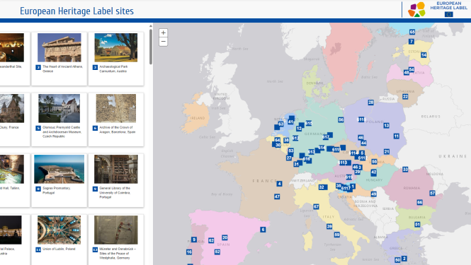 Ekrānšāviņš no Eiropas padomes tīmekļvietnes, kurā redzama karte ar visām vietām, kurām līdz 2024. gada sākumam piešķirts Eiropas mantojuma zīmes statuss.