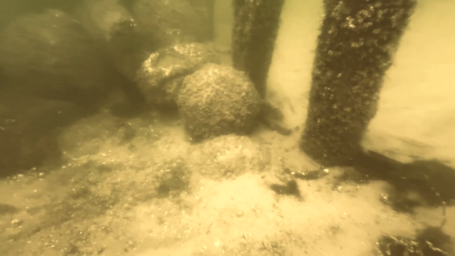 Zem ūdenī fotografētajā attēlā sēpijas toņkārtās redzami koka fragmenti un kuģa kravas daļa, kas vizuāli atgādina lodes. Viss ir daļēji zem smiltīm.