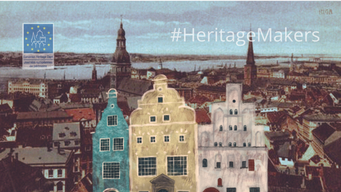 Zīmēts attēls ar ēku kompleksu Trīs brāļi, bērniem un suni