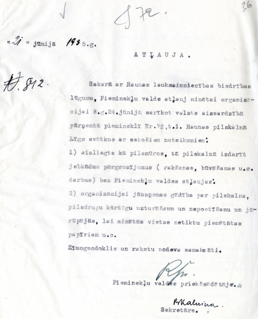 Atļauja Raunas lauksaimniecības biedrībai rīkot Jāņus pieminekļa teritorijā