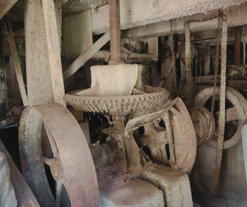 Tuvplāna attēls vecām, putekļainām un rūsas klātām ūdensdzirnavu iekārtām telpā. Centrālajā daļā dominē liels, plats metāla zobrats ar vertikālu asi, kas ir daļa no dzirnavu mehānisma. Abās pusēs redzami lieli rati. Mehānismu klāj putekļi un zirnekļu tīkli, redzams, ka tas ilgstoši nav lietots. Griesti un koka konstrukcijas ap detaļām ir klāti ar biezu gaišu kārtu. Tumšajā fonā redzamas citas iekārtu daļas un ķēdes, kas norāda uz dzirnavu telpas sarežģītību.