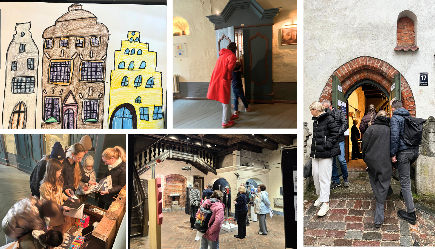 Piecu attēlu kolāža, kurā redzami cilvēki, kas pēta ēku kompleksu "Trīs brāļi". Cilvēki ir dažādos vecumos, redzami arī bērni. Vienā no fotogrāfijām redzams bērna zīmējums ar vēsturiskajām "Trīs brāļu" ēkām. 