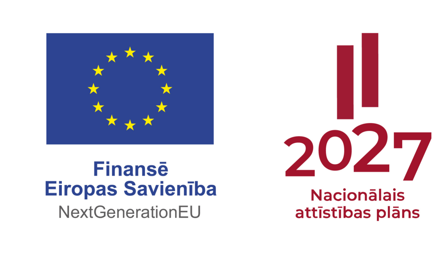 Divi logo - pa kreisi Eiropas Savienības karogs ar parakstu "Finansē Eiropas Savienība" un pa labi sarkans logo, kurā nolasās Latvijas karoga krāsa, kas vēstī Nacionālais attīstības plāns 2027