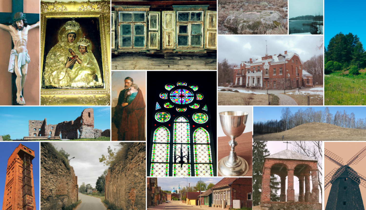 Attēlu veido fotoattēlu kolāža, kurā redzami dažādi kultūras pieminekļi Latgalē. Attēlā redzamas dažādas krāsas un faktūras, paši objekti ir nelieli, jo fotoattēlu ir daudz. Redzama gan daba, gan māksla, gan ēkas tuvumā un tālumā.