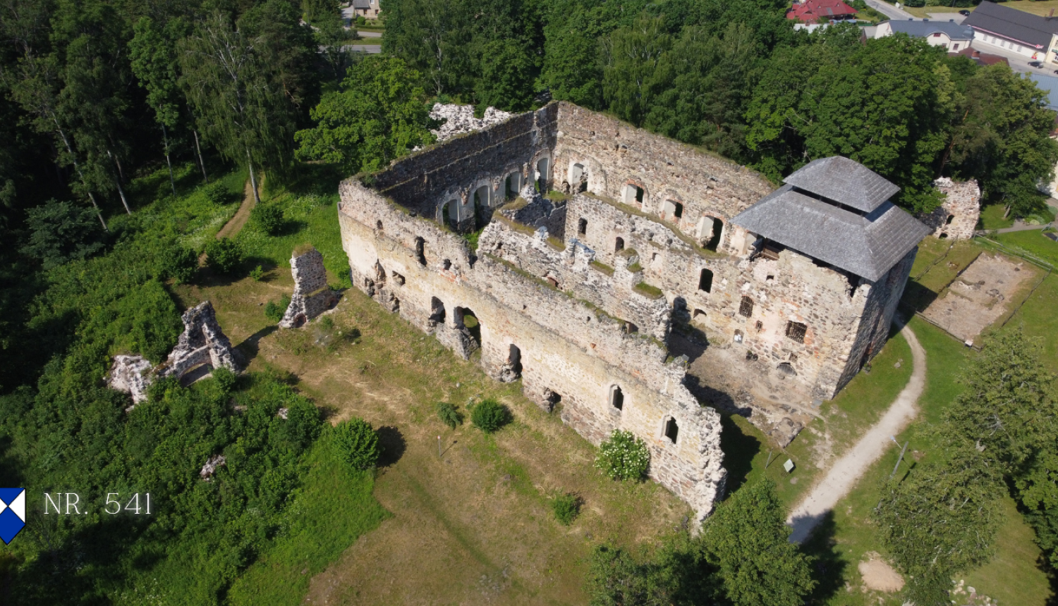 Aerofoto uzņēmums ar viduslaiku pilsdrupām. Attēlā redzami masīvi, taisnstūrveida akmens mūri bez jumta, kuros saskatāmas logu ailes un iekšējo telpu struktūra. Viens no pils stūra torņiem ir segts ar četrslīpju koka dēlīšu jumtu. Drupas ieskauj kopti zālieni, lapu koki un gājēju taka. Attēla apakšējā kreisajā stūrī redzams zili balts vairoga logotips un teksts "NR. 541".