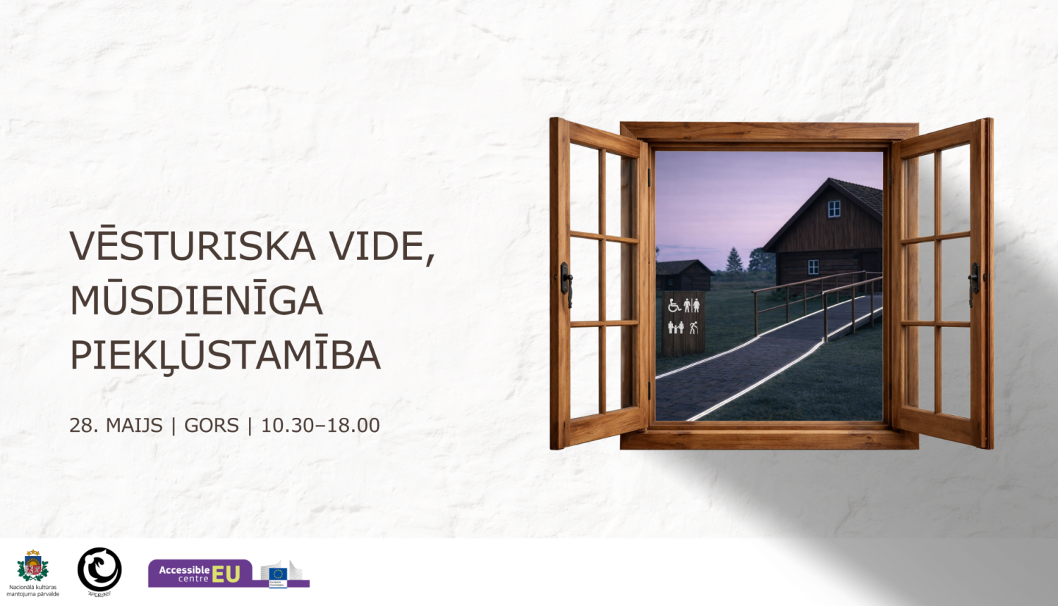 Reklāmas vizuālais materiāls. Uz gaiša fona ir 3 veidu informācija - apakšā logo rinda, kreisajā pusē semināra nosaukums un laiks - lasāmi pamattekstā - bet labajā pusē atvērts logs, pa kuru redzama piekļūstama vēsturiska ēka.