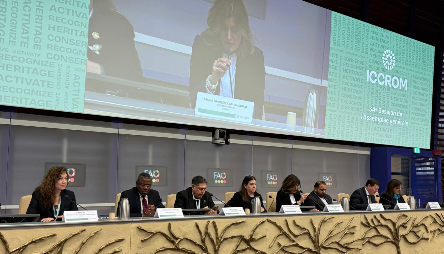 Modernas, plašas konferenču zāles priekšpuse, kurā redzami konferences runātāji. Priekšplānā, attēla apakšpusē no kreisās līdz labajai malai stiepjas tribīne, kas ir gaiši brūnā krāsā un pretim katrām divām runātāju sēdvietām ir dekoratīvs koka tēls. Tribīnē redzami 8 runātāji, visi tērpušies tumšos, oficiālos apģērbos, žaketēs. 4 vīrieši un 4 sievietes. Visiem priekšā ir mikrofoni un plāksnītes ar vārdu un pārstāvēto valsti. Virs sēdētājiem ir ekrāns kurā redzams runātājs.