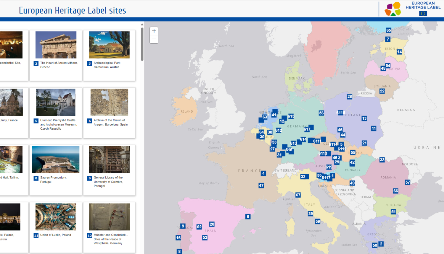 Ekrānšāviņš no Eiropas padomes tīmekļvietnes, kurā redzama karte ar visām vietām, kurām līdz 2024. gada sākumam piešķirts Eiropas mantojuma zīmes statuss.