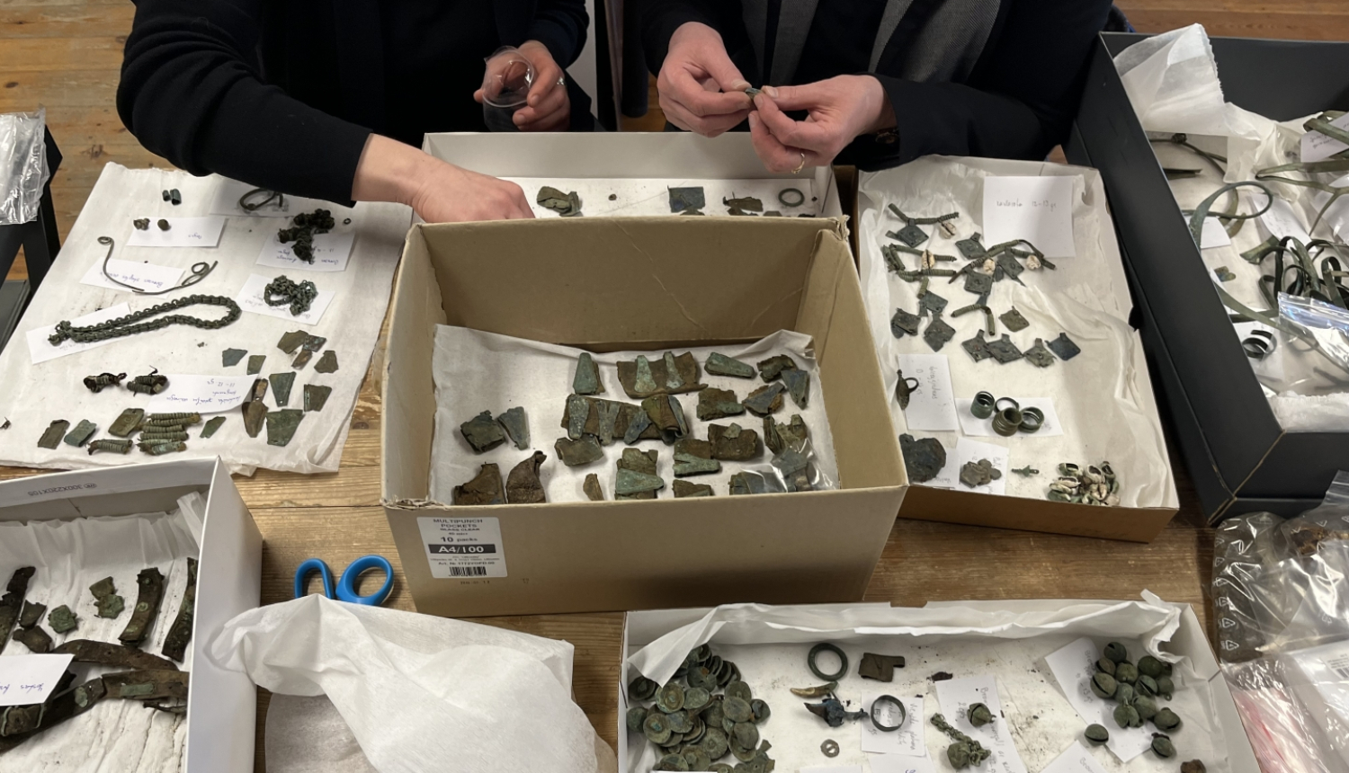 Attēlā redzamas vairākas seklas kartona kastes. Kastes izkārtotas uz galda. Kastēs ieklātas baltas papīra lapas un uz tām ir glītās rindās izkārtotas arheoloģiskās senlietas. Fonā pie galda ir redzamas divu cilvēku - ekspertu arheologu - rokas, viņi ir sakārtojuši šīs senlietas, tās rūpīgi izvērtējot.