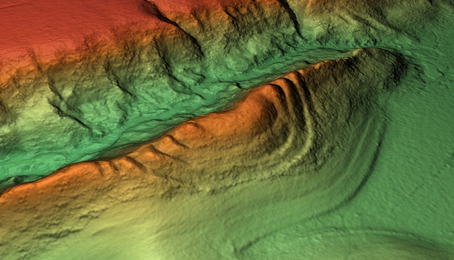Daudzišu pilskalna (Krāslavas novada Kalniešu pagasts) trīsdimensionāls reljefa modelis skatā no DA (sagatavots no LĢIA LIDAR skenēšanas datiem; autors J.Meinerts).