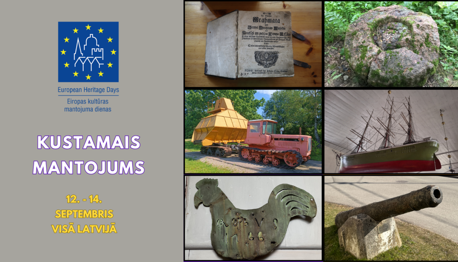 Attēls dalās divās daļās. Pa kreisi uz pelēcīga fona ir Eiropas kultūras mantojuma dienu logo, tēma "kustamais mantojums" un notikuma laiks. Labajā pusē ir seši attēli, kas atspoguļo kustamo mantojumu - grāmata, arheoloģiskais mantojums akmens, lauksaimniecības tehnika, burinieka modelis, baznīcas gailis un lielgabals
